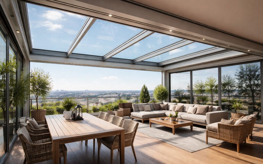 techo móvil deslizante en terraza moderna con estructura de aluminio y vidrio